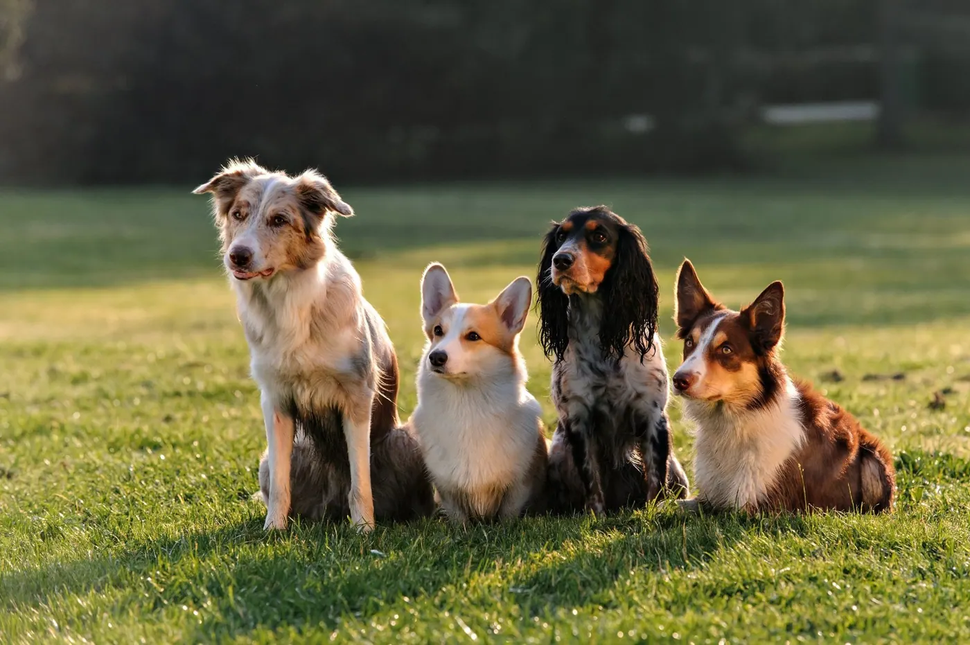 Four dogs sitting in a field at golden hour