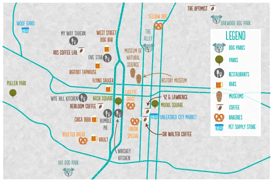 Map of dog-friendly places in Raleigh, NC