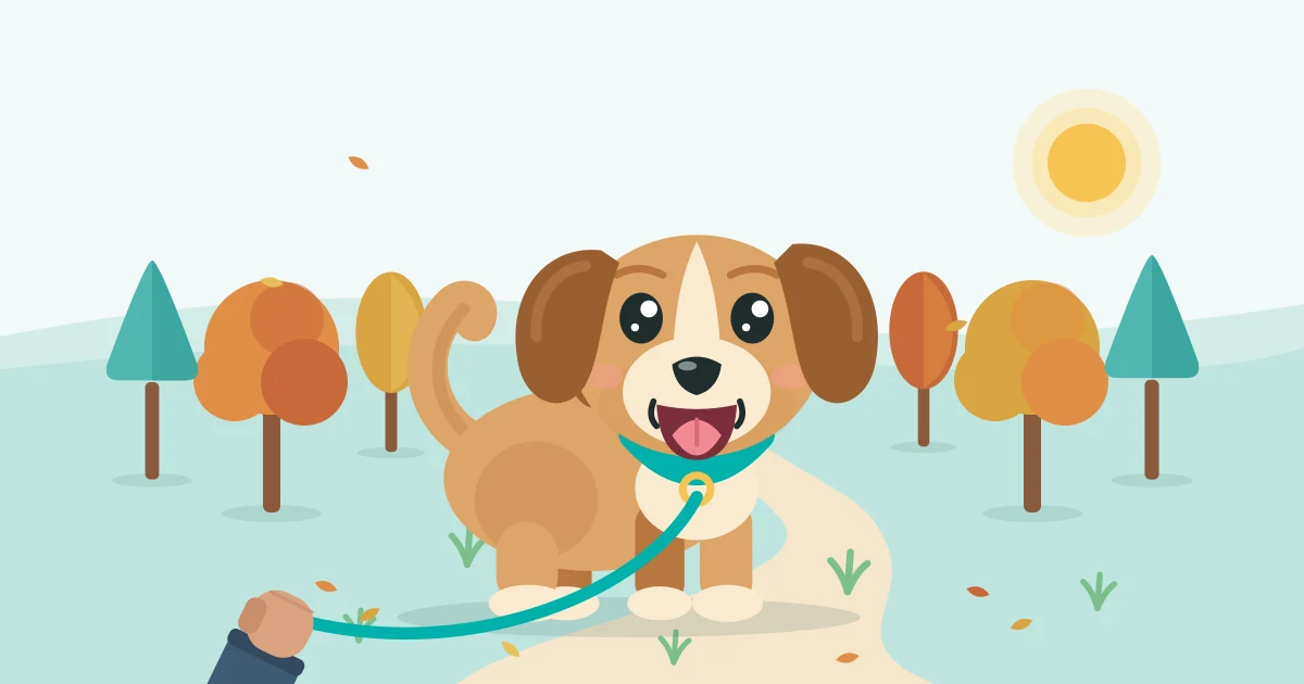 Illustration of a happy puppy on a teal leash on a short potty break walk on a grassy path in a park in fall