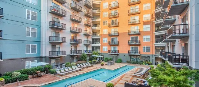 Pool deck at The Hue apartments in Raleigh